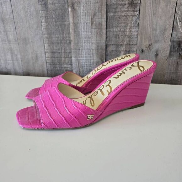 Sam Edelman Tesma Wedge Sandals Pink Crocodile Sz 6.5 - Picture 1 of 6